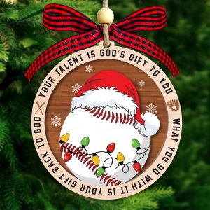 Baseball Christmas Ornament Santa Hat And Lights Sports Tree Decoration Gift For Baseball Lovers And Players