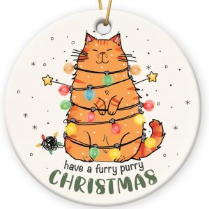 Have A Furry Purry Christmas Ornament Cute Cat With Lights Ceramic Decoration