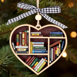 Heart Bookshelf Ornament Book Lover Gift Wooden Library Christmas Decoration