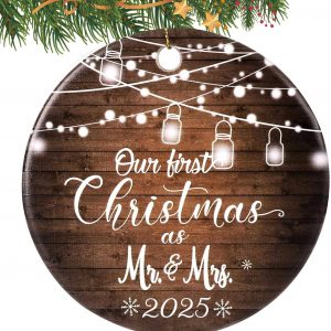 Our First Christmas As Mr And Mrs Ornament 2025 Newlywed Couple Gift String Lights Design Rustic Wedding Keepsake