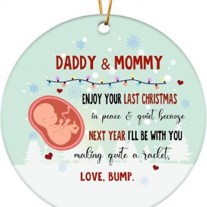 Pregnancy Announcement Ornament Daddy And Mommy Last Christmas Baby Bump Gift